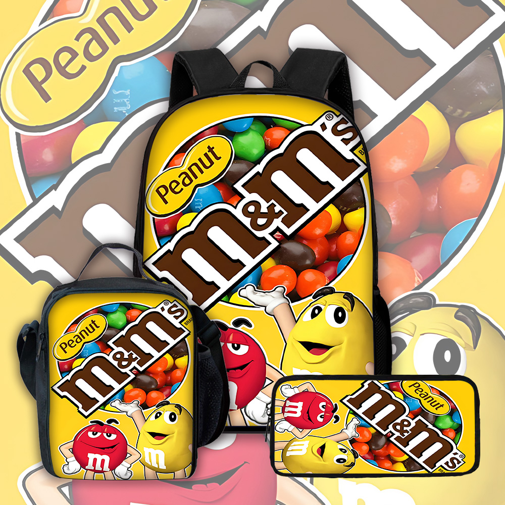 Kids Education School - กระเป๋าเป้สะพายหลังลายการ์ตูนช็อกโกแลต M-M&M's พร้อมกระเป๋าใส่อาหาร กระเป๋าใส่ดินสอ กระเป๋าไปโรงเรียนสำหรับเด็กชายและเด็กหญิง ของขวัญที่ดีที่สุด