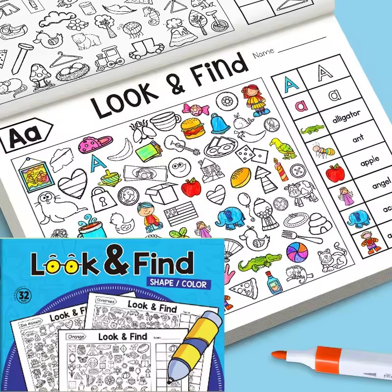 Kid Education - สมุดระบายสีมองแล้วหา สำหรับเด็กเล็ก 32 หน้า กิจกรรมการศึกษาปฐมวัย สมุดงานรูปทรงและสีสำหรับเด็ก